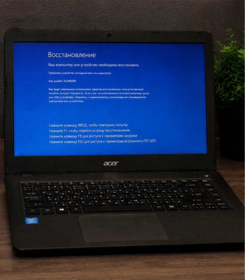 Экран ноутбука с ошибкой восстановления Windows и кодом 0xc000000f