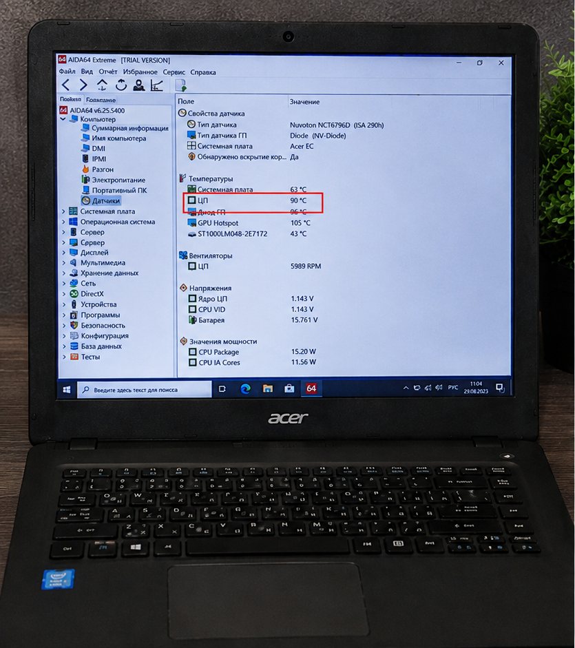 Показания AIDA64 — температура процессора 90°C, GPU Hotspot 105°C, выделено красным